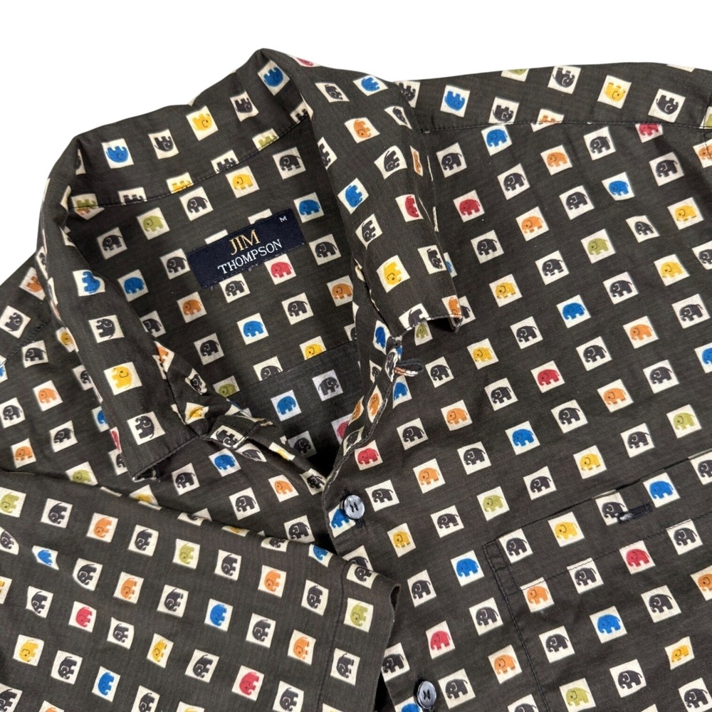 Vintage Jim Thompson Elephant All Over Print Loop Collar Button Shirt Mens M AOP